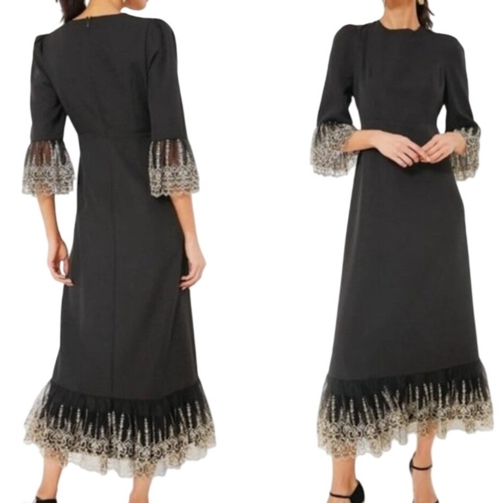 NWT Pomander Place Tuckernuck Lillith Black Velvet Gold Lace Midi Dress XXL